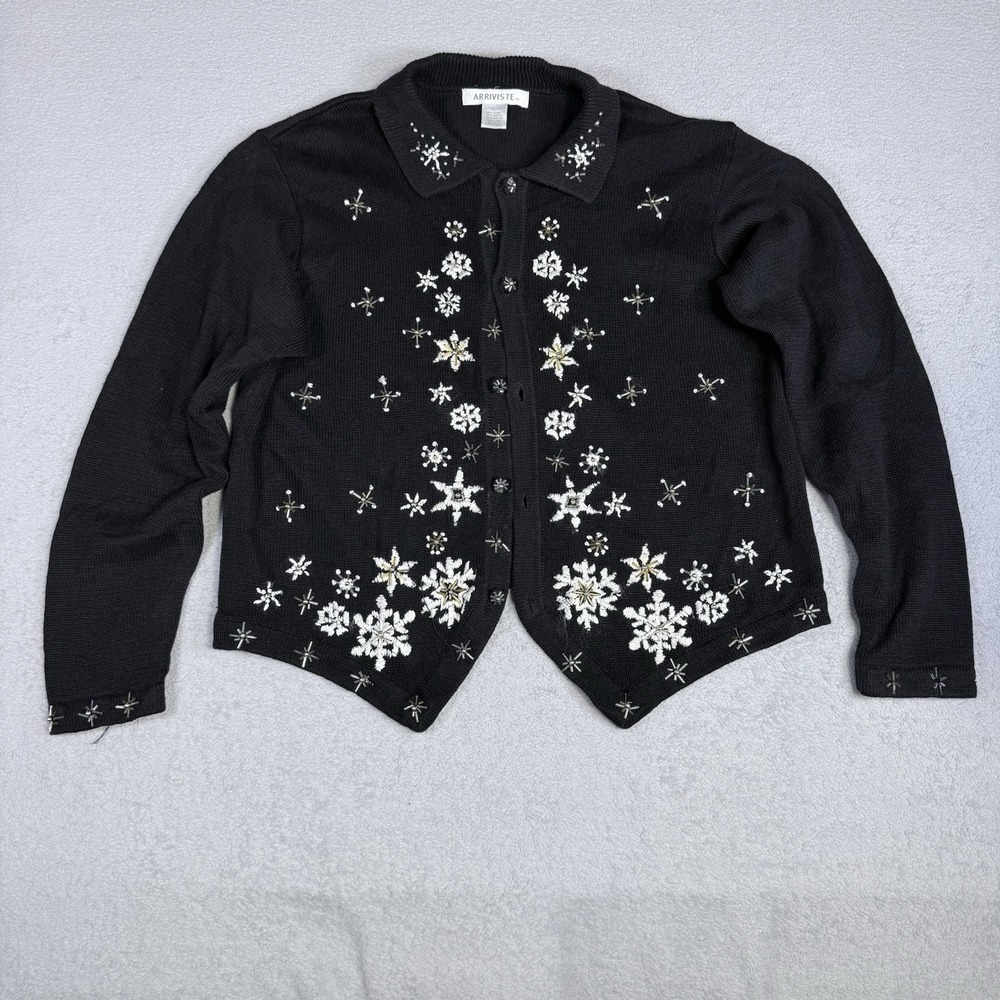 Vintage 1990s Arriviste Snowflake Cardigan Sweater Beaded Embroidered Black L